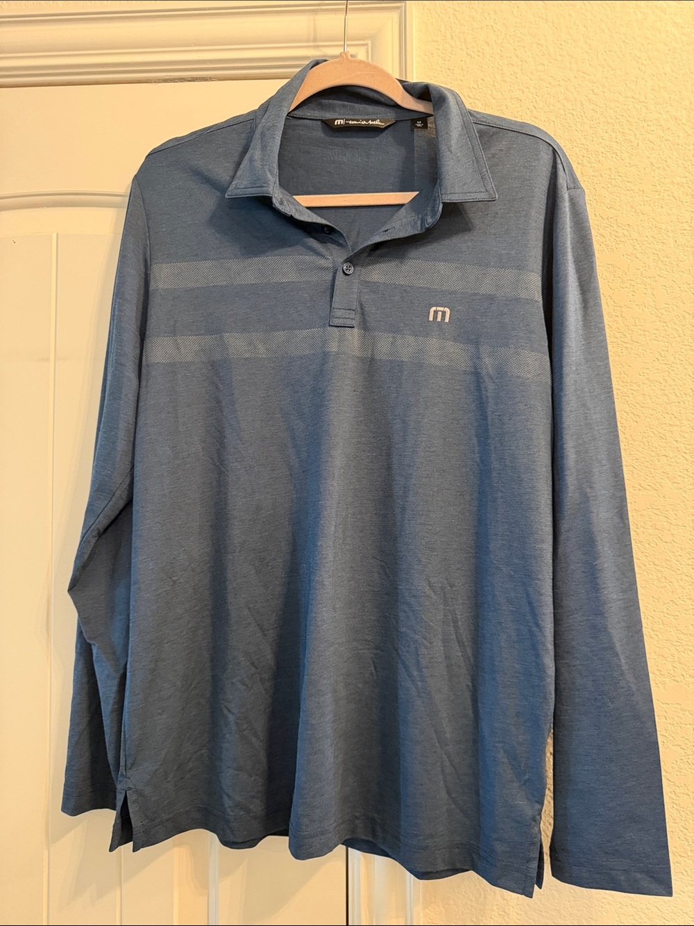 Travis Mathew Men's Long Sleeve Polo - Slate Blue Stripe, Sz M